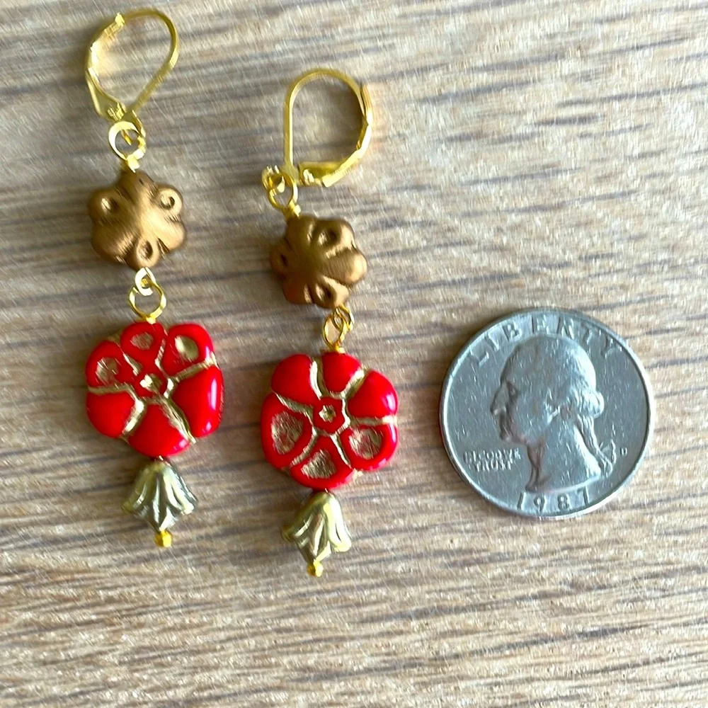 HAND CRAFTED PIERCED EARRINGS Red Gold Bronze Czech Glass Dangling Floral
